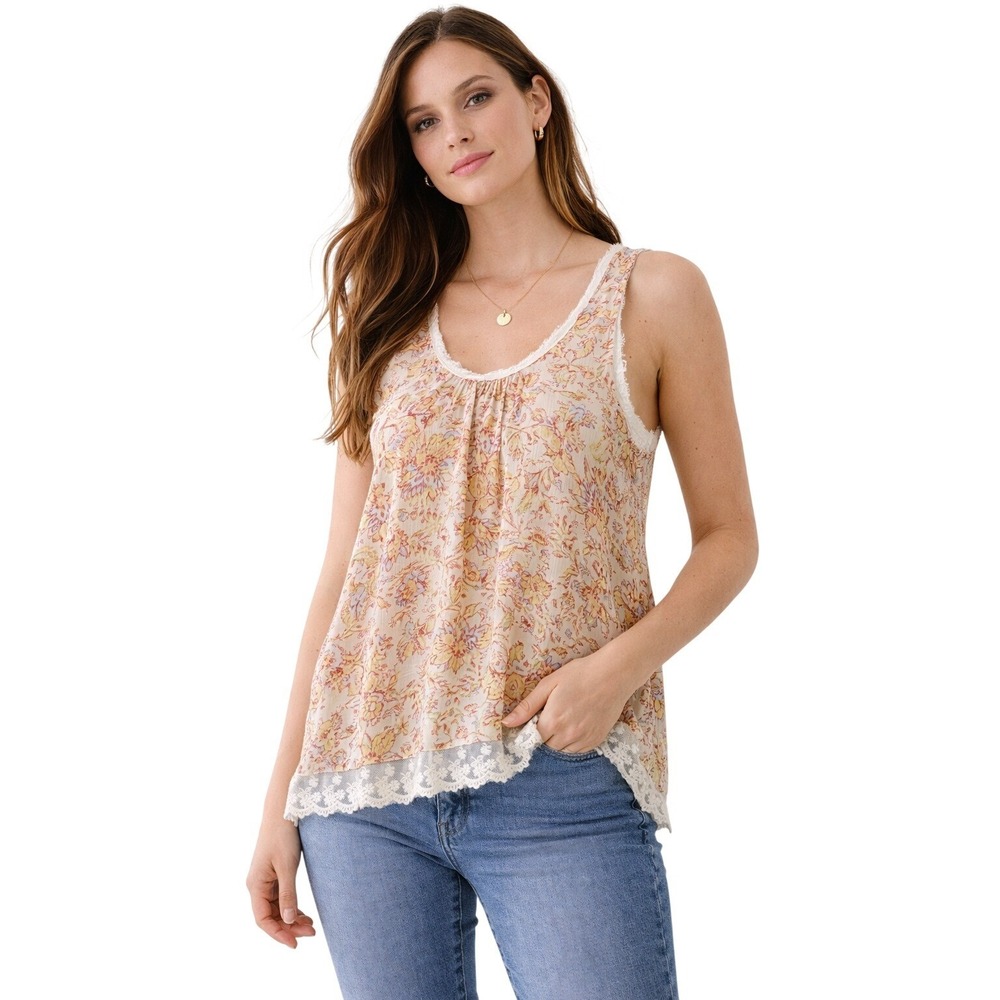 C'Isa Paisley Floral‎ Tank Top Women Small Cream Lace Trim Boho Layered Back
